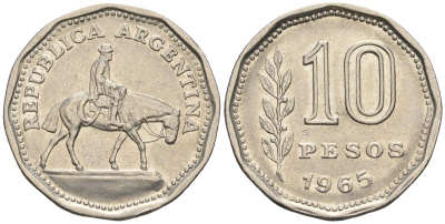Аргентина 10 песо 1965 Гаучо KM 60, Schon 60, CJ 284 никелированная сталь    60-943