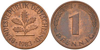 ФРГ 1 пфенниг 1983 F KM 105, J. 380 сталь плакированная медью    4598-625