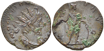 Римская Империя (императоры в Галлии) антониниан 270 - 271 Викторин. VIRTVS AVGG, Марс, держащий копье, Августа Треверов, Good Very fine RIC 78 биллон 1073-14-34