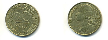 Франция 20 сантимов 1995 тип Marianne KM 930, Le Franc 156.39 медь алюминий никель  54-1521