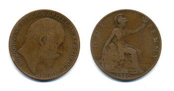 Великобритания 1 пенни 1910 Эдуард VII (1901-1910) KM 794.2, Spink 3990 бронза 47-733