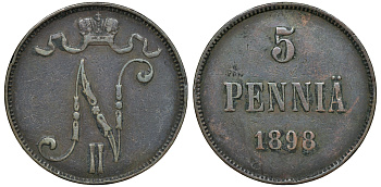 Россия для Финляндии 5 пенни 1898 Николай II (1894-1917) KM 15, Биткин 443 медь 51-834
