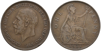 Великобритания 1 пенни 1931 Георг V (1910-1936) КМ 838, Spink 4055 бронза 4607-1046