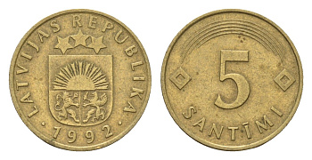 Латвия 5 сантимов 1992 KM 16 никель латунь 105-542