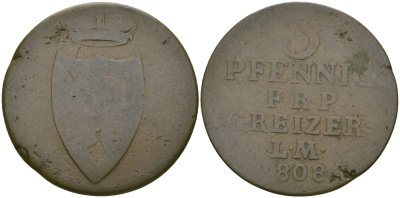 РЕЙС-ОБЕРГРАЙЦ 3 ПФЕННИГА 1808 KM 90 медь 65-741