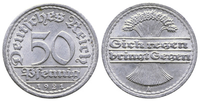 Германия 50 пфеннигов 1921 A KM 27, J.301, Weege 10 алюминий 4380-825