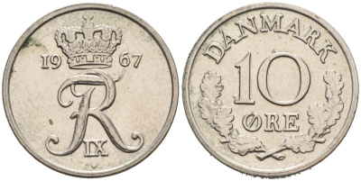 Дания 10 эре 1967 C; S, Фредерик IX (1947-1972) KM 849.1 медно-никель 4567-941