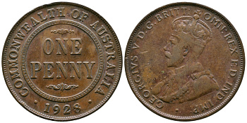 АВСТРАЛИЯ 1 ПЕННИ 1928 ГЕОРГ V KM 23 бронза 4385-314