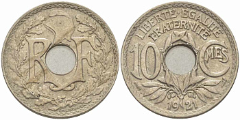 Франция 10 сантимов 1921 тип Линдайё KM 866a, Le Franc 138.3 медно-никель 108-133