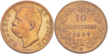 Италия 10 чентезимо 1894 B/I, Умберто I (1878-1900) KM 27.1 медь 4526-1012