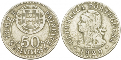 Португальское Сан-Томе и Принсипи 50 сентаво 1929 KM 1 никель бронза 413-2215