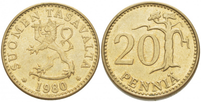 ФИНЛЯНДИЯ 20 ПЕННИ 1980 K KM 47 алюминиевая бронза 3718-651
