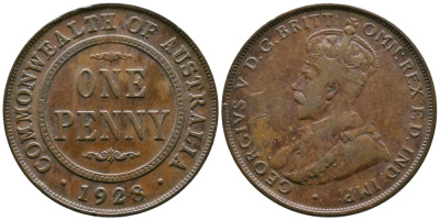 АВСТРАЛИЯ 1 ПЕННИ 1928 ГЕОРГ V KM 23 бронза 4385-314