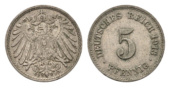 Германия 5 пфеннигов 1913 F KM 11, J. 12 медно-никель 4696-651