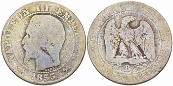 Франция 5 сантимов 1855 B, Наполеон III (1852-1870) KM 777.2, LE FRANC 116.18 бронза 108-337