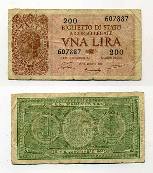 Италия 1 лира 1944 23 ноября 1944, подпись ventura Pick 29a бумага 8588-8-2-1