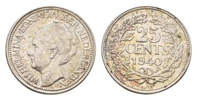 Нидерланды 25 центов 1940 Вильгельмина (1890-1948) KM 164 серебро aUNC 44-1155