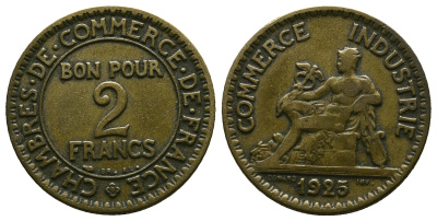 ФРАНЦИЯ 2 ФРАНКА 1925 KM 877 алюминиевая бронза 261-935