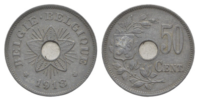 Бельгия 50 сантимов 1918 германская оккупация Первая мировая война, Альберт I (1909-1934) KM 83 цинк 4156-1041