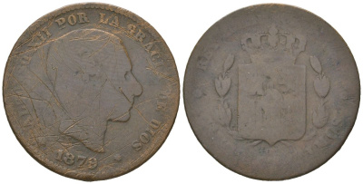 Испания 5 сентимо 1879 OM, Альфонсо XII (1874-1885) KM 674 бронза 4616-821