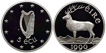 ИРЛАНДИЯ 5 ЭКЮ 1990 ОЛЕНЬ, ПРЕЗИДЕНТСТВО В ЕВРОПАРЛАМЕНТЕ, ТИРАЖ 20000 ЭКЗ., ВЕС 10 ГР., ДИАМЕТР 28 ММ. серебро PROOF 02-230-15