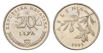 Хорватия 20 кун 1993 олива, легенда на хорватском KM 7 сталь плакированная никелем UNC 4618-336
