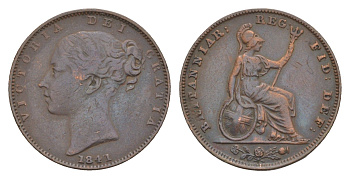 Великобритания 1 фартинг 1841 Виктория (1837-1901) KM 725, Spink 3950 бронза 4658-911