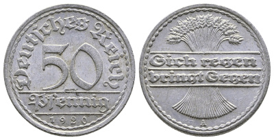 ГЕРМАНИЯ 50 ПФЕННИГОВ 1920 А KM 27, J. 301 алюминий 4380-544