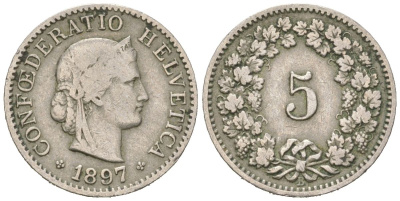 Швейцария 5 раппенов 1897 B, редкий год - тираж 500.000 экземпляров KM 26 медно-никель 4158-724