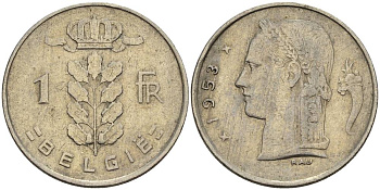 БЕЛЬГИЯ 1 ФРАНК 1953 BELGIE KM 143.1 медно-никель 4546-337