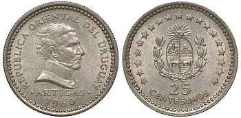 Уругвай 25 сентесимо 1960 KM 40 медно-никель 4169-969