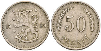 ФИНЛЯНДИЯ 50 ПЕННИ 1929 S KM 26 медно-никель 192-1114