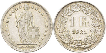 ШВЕЙЦАРИЯ 1 ФРАНК 1931 В KM 24 серебро 210-1026