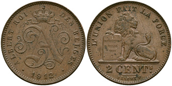 Бельгия 2 сантима 1912 Belges KM 64 медь 4135-955