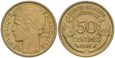 ФРАНЦИЯ 50 САНТИМОВ 1941 ТИП MORLON KM 894.1, LE FRANC 192.18 алюминиевая бронза 44-432