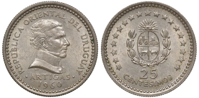 Уругвай 25 сентесимо 1960 KM 40 медно-никель 4169-969
