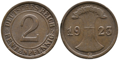 ГЕРМАНИЯ 2 РЕНТЕНПФЕННИГА 1923 G KM 31, J. 307 бронза 24-434