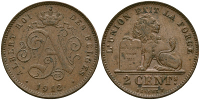 Бельгия 2 сантима 1912 Belges KM 64 медь 4135-955
