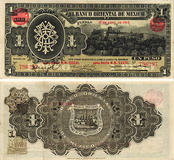МЕКСИКА 1 ПЕСО 1914 BANKO ORIENTAL DE MEXICO, ВЫПУСК 1914 ГОДА Pick S388a бумага 7457-15-3