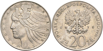 Польша 20 злотых 1975 MW, Международный год женщины KM 75, Parchimowicz 248 медно-никель AUNC 4531-1223