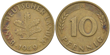 ФРГ 10 пфеннигов 1949 G KM 103, J.378 сталь плакированная латунью 219-1043