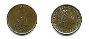 НИДЕРЛАНДЫ 1 ЦЕНТ 1968 ЮЛИАНА KM 180 бронза 76-267