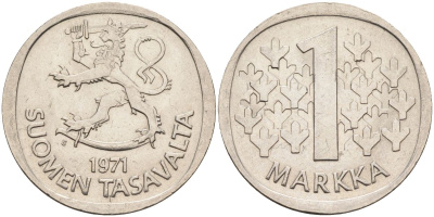 Финляндия 1 марка 1971 S KM 49а медно-никель 4595-121