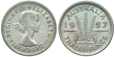 Австралия 3 пенса 1957 m, Елизавета II (1953-) KM 57 серебро 71-537