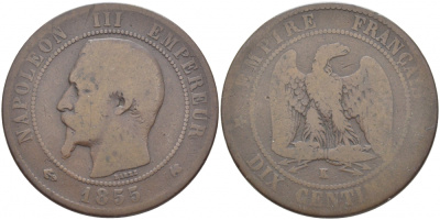 Франция 10 сантимов 1855 K, Наполеон III (1852-1870) KM 771.5, Le Franc 133.27 бронза 3460-944
