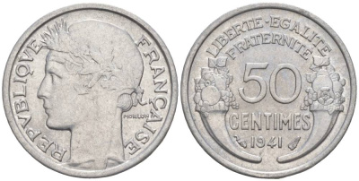 ФРАНЦИЯ 50 САНТИМОВ 1941 ТИП MORLON LOURDE KM 894.1a, LE FRANC 193.2 алюминий 44-242