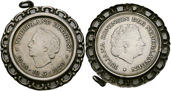 Нидерланды 10 гульденов 1970 25 лет освобождения от фашизма (1945-1970), Юлиана, кулон в оправе KM 195 серебро 01-181-41