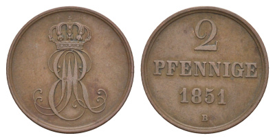 Ганновер 2 пфеннига 1851 B, Эрнст Август I (1837-1851) KM 202.1, AKS 124, J. 75 медь 4657-724