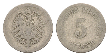 Германия 5 пфеннигов 1875 D, Вильгельм I (1871-1888) KM 3, J. 3, Weege 5 медно-никель 4639-1245