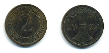 ГЕРМАНИЯ 2 РЕЙХСПФЕННИГА 1924 A KM 38, J. 314 бронза 54-352